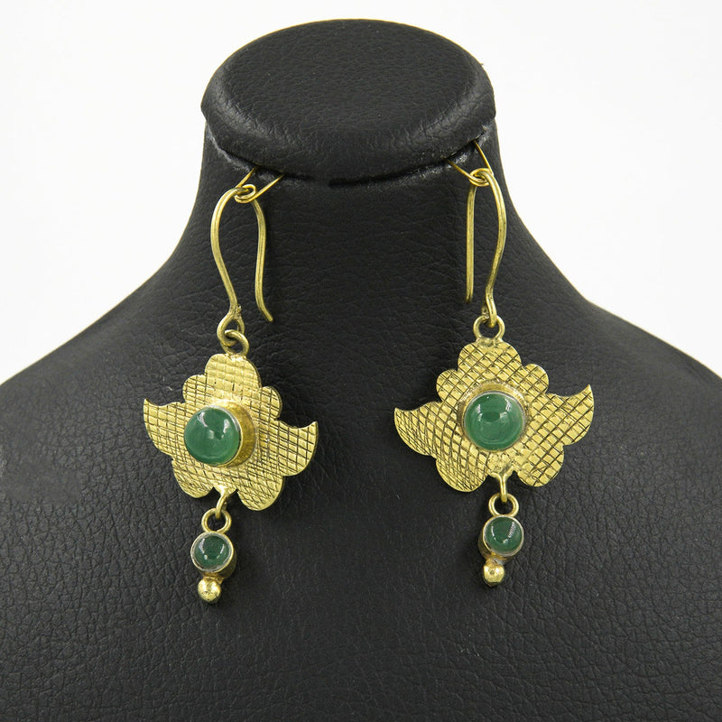 Benafsh Green Agate Cabochon Earrings – 18K Gold-Plated, Handmade - Gemify