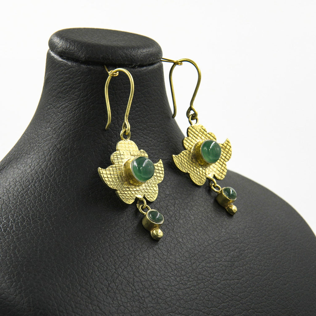Benafsh Green Agate Cabochon Earrings – 18K Gold-Plated, Handmade - Gemify