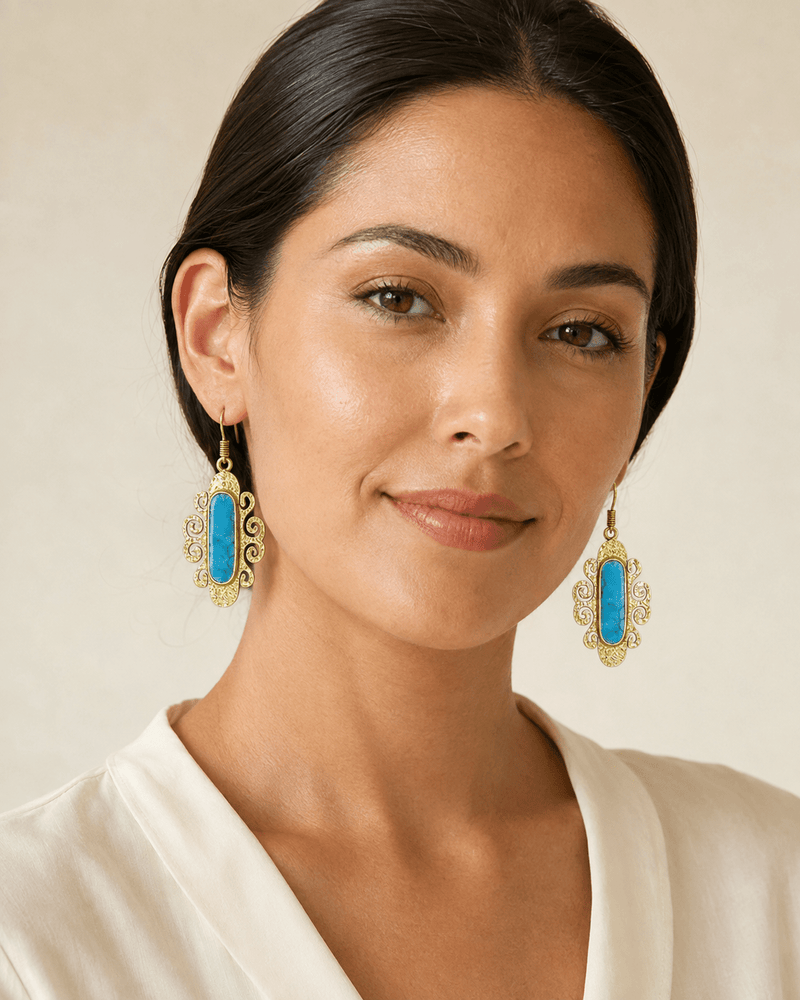 Gemify - Flower Bamyan Turquoise Gold Earrings - earrings - Gemify