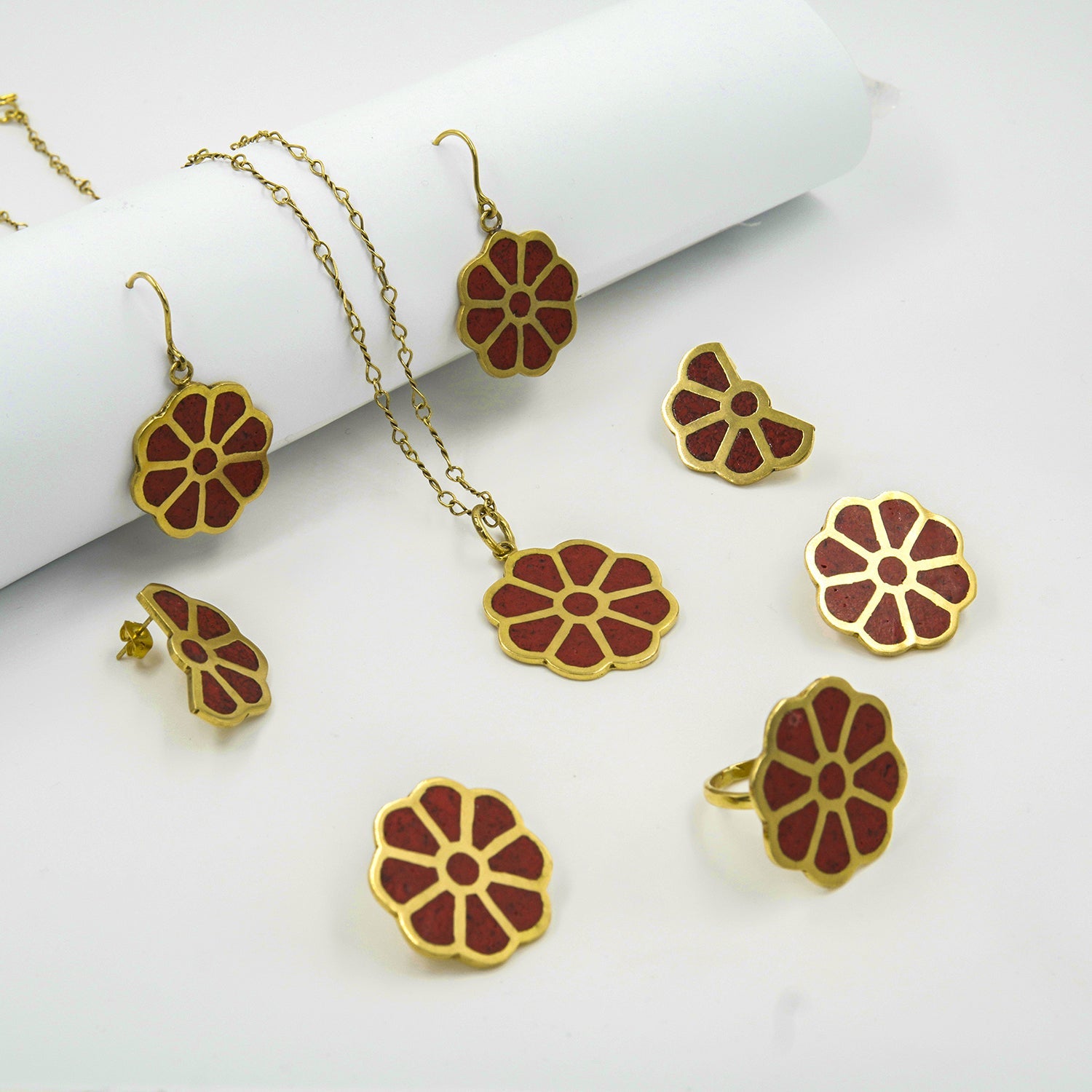 Rose Heritage Jewelry Collection – 18K Gold-Plated Red Coral Set - Gemify