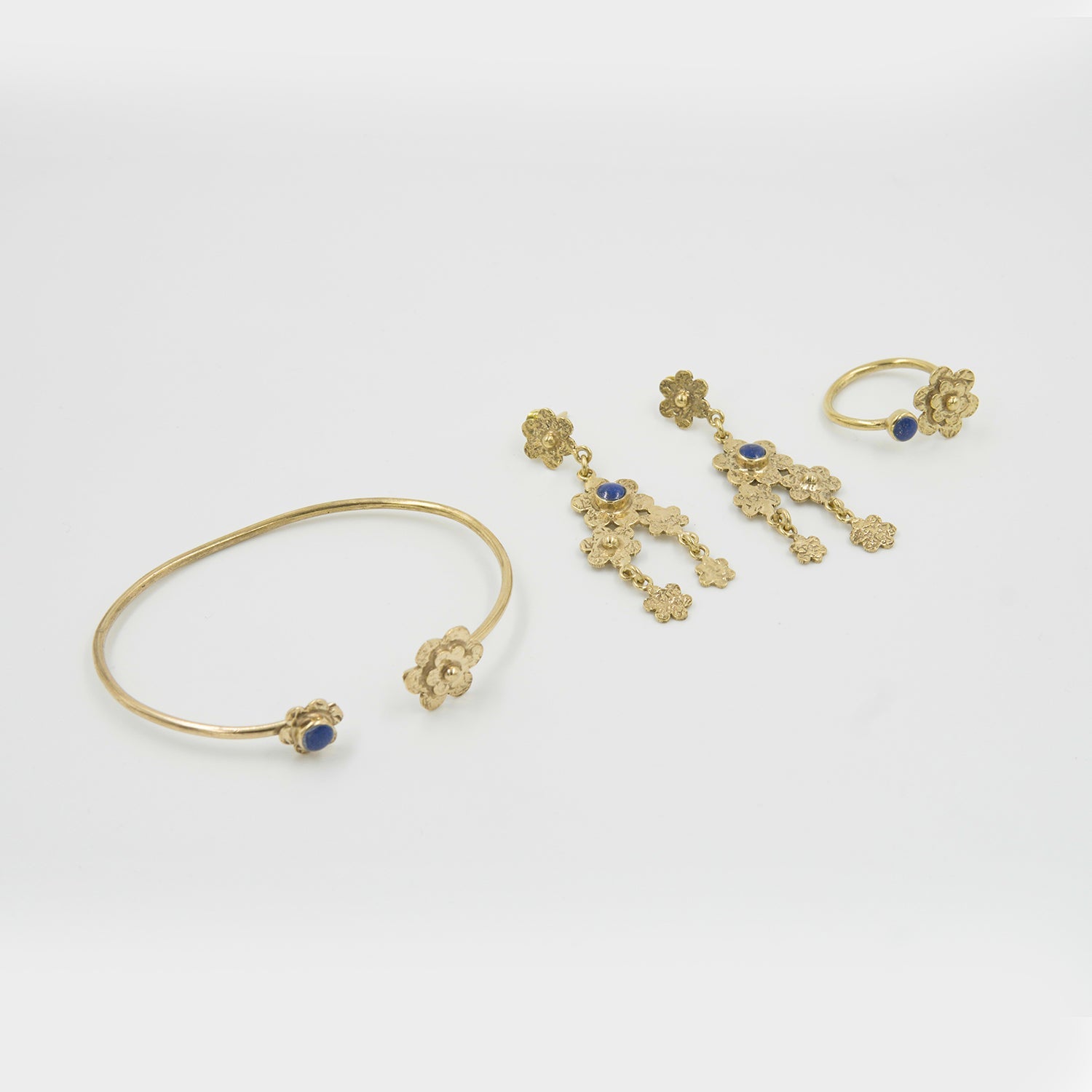Gemify - Small Flower Lapis Collection – Cabochon Stone, High - Polish Brass Set - Jewelry Set - Gemify01