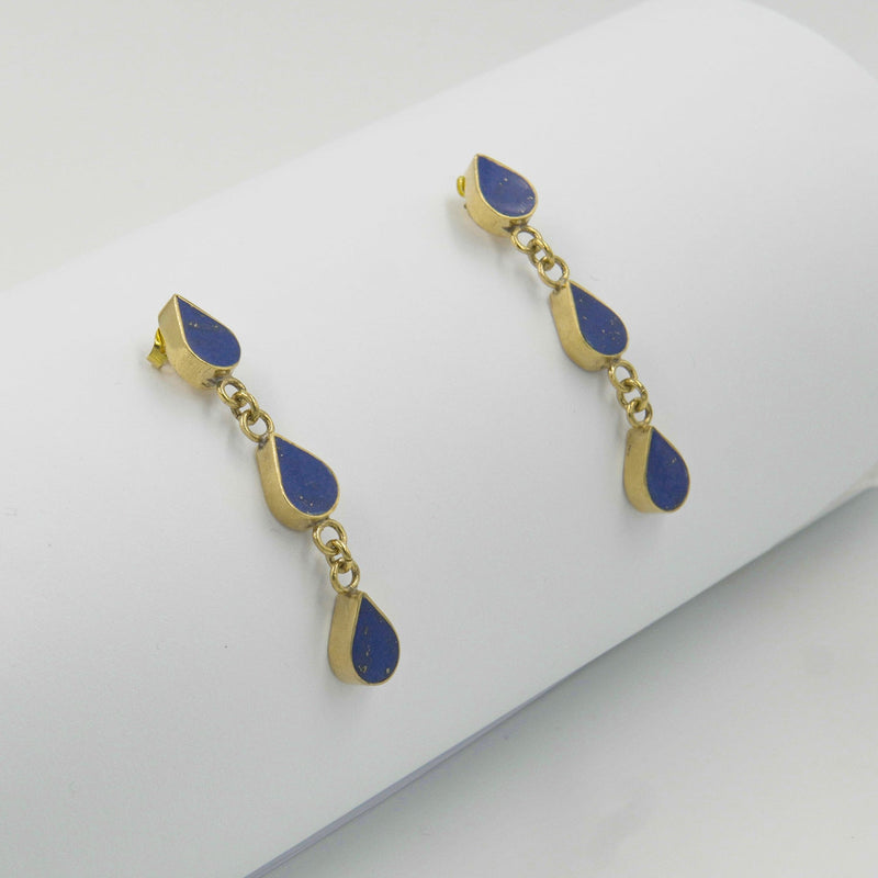 Gemify - Three Drop Lapis Stud Earrings – High - Polish Brass, Handmade Design - earrings - Gemify02