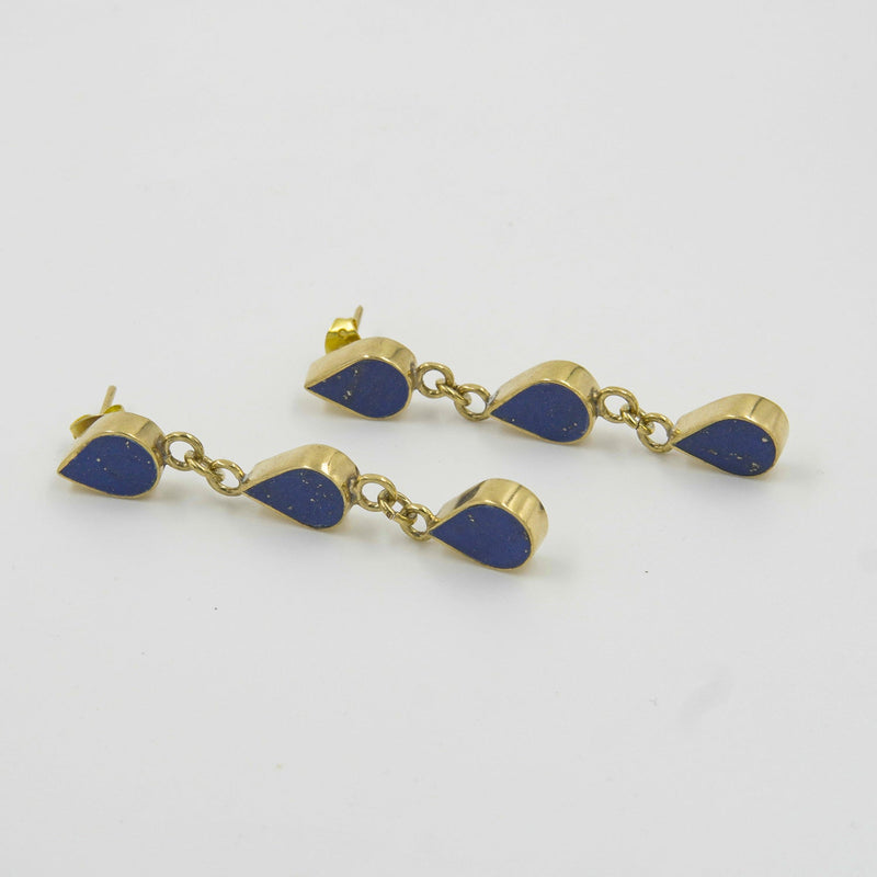 Gemify - Three Drop Lapis Stud Earrings – High - Polish Brass, Handmade Design - earrings - Gemify02