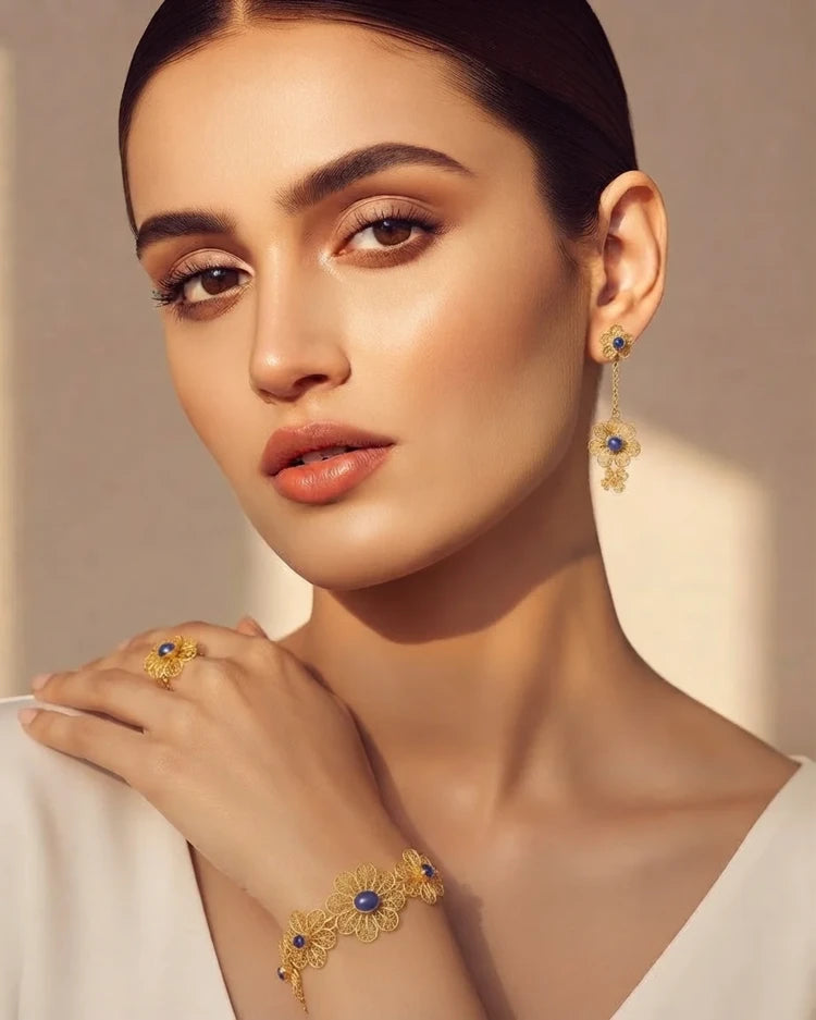Model wearing luxury gemstone jewellery
